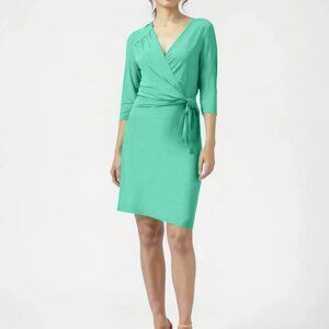 NWT New Green Slinky V-Neck Wrap Fit-Flare Sheath Minimalist Career Dress S 4/6